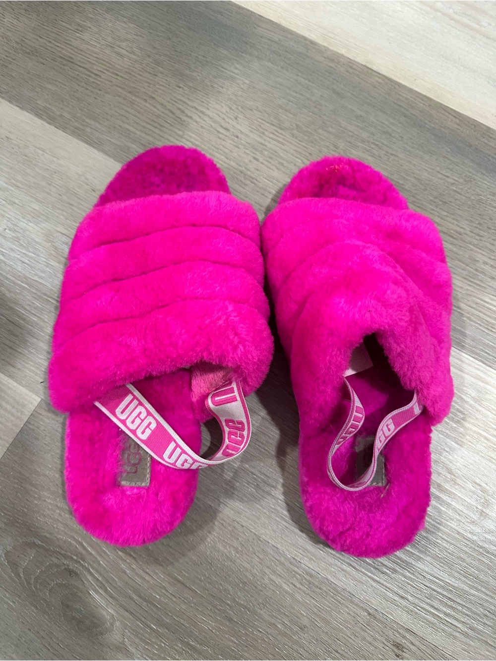 UGG Women's Vibrant Pink Fluffy Slide Slippers with Branded Strap